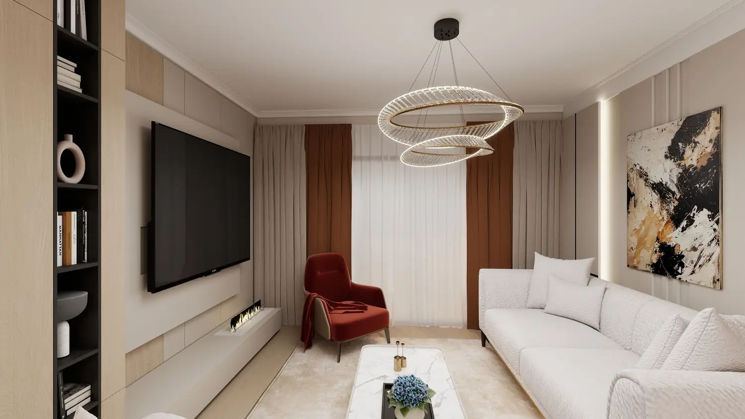 Moderner Wohnraum mit TV-Wand und rotem Akzentsessel